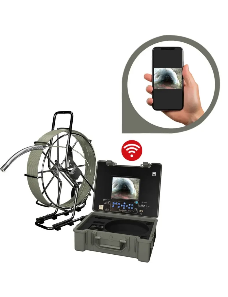 Poste d'inspection de canalisation AGM TEC avec enrouleur de câble, écran de contrôle intégré dans une valise et image transmise sur smartphone