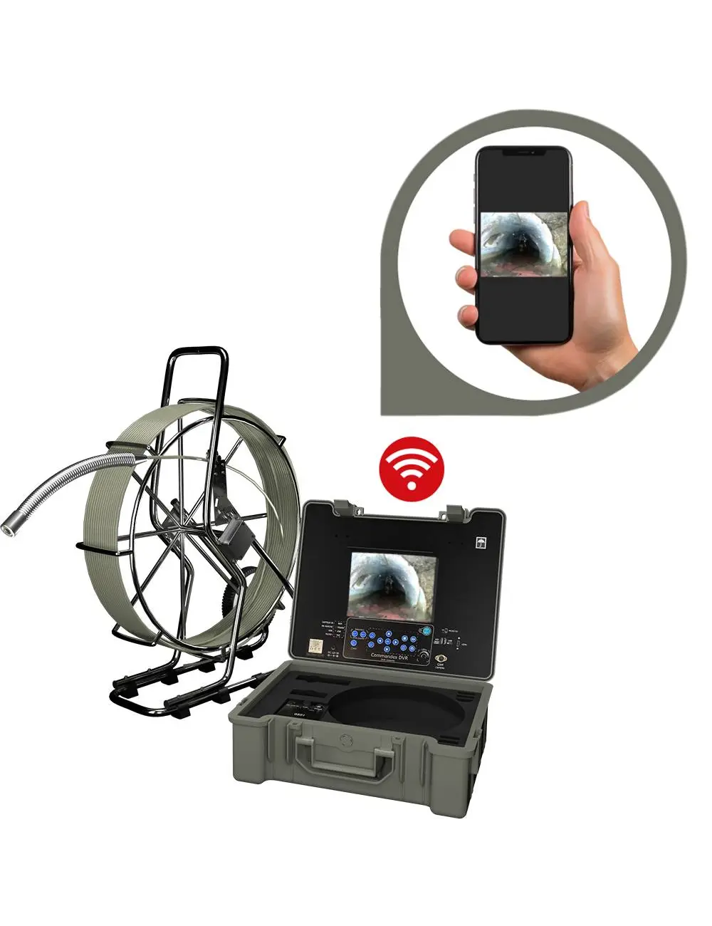 Poste d'inspection de canalisation AGM TEC avec enrouleur de câble, écran de contrôle intégré dans une valise et image transmise sur smartphone